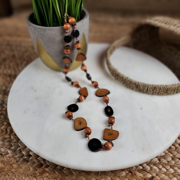 Vintage Boho long petrified chunky wood bead slice necklace - Picture 9 of 14